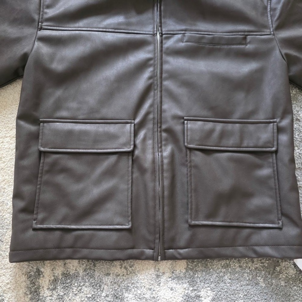 Topman Mens Dark Brown Faux Vegan Leather Trucker Jacket Size S Quilted Lined - Picture 10 of 14